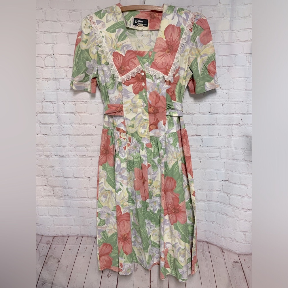 Vintage Dawn Joy Floral Cottagecore Hibiscus 🌺 Tea Dress Size 13 14 USA